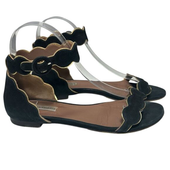 Tabitha Simmons Black Suede Scallop Strap Sandals Leather Gold Trim Size 36 - Picture 1 of 11